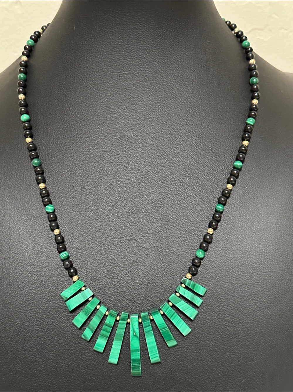 Fan Shaped Fringe Malachite & Black Glass Bead Bib Necklace